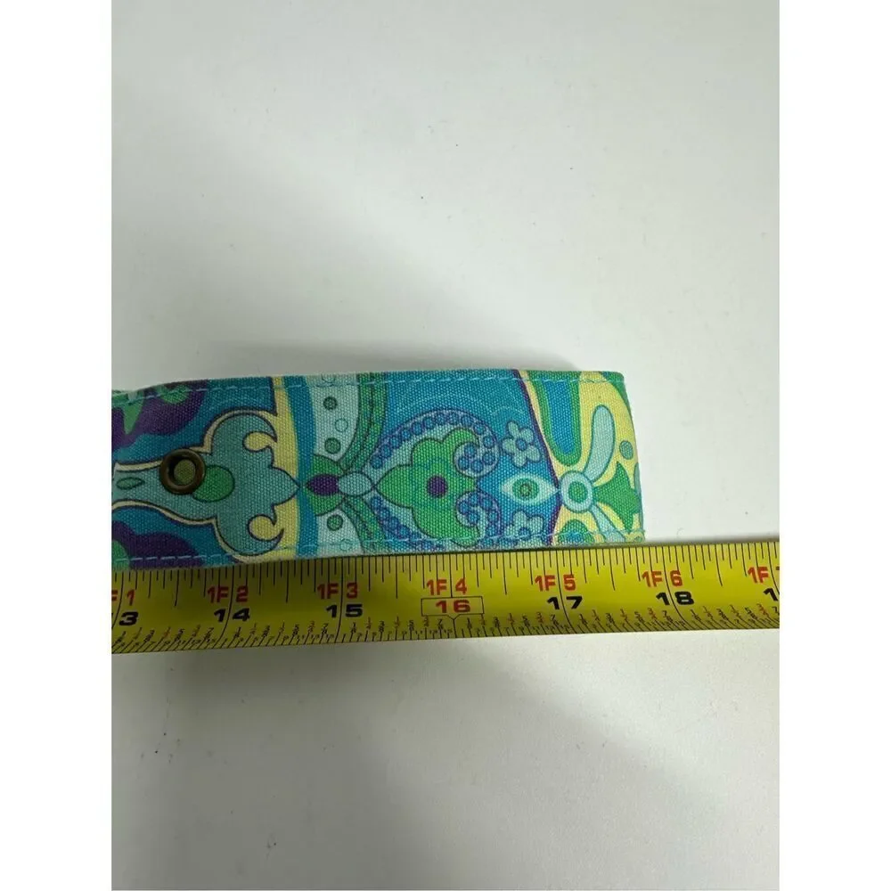 FABRIC Belt w/Floral Pin Buckle Rhinestone Trim Sz 36”Middle Hole GREEN BLUE